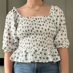 LOFT White Floral Smocked Blouse